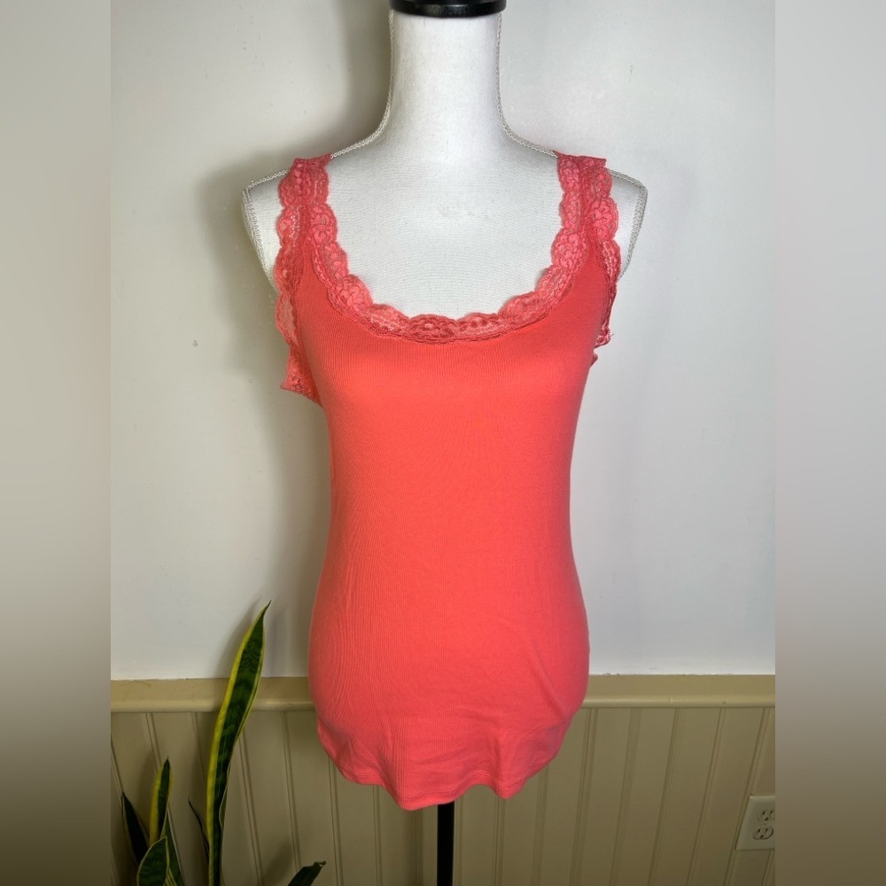 Y2K Lace Trim Ribbed Tank Top Pink Faded Glory L Coquette Style Preppy